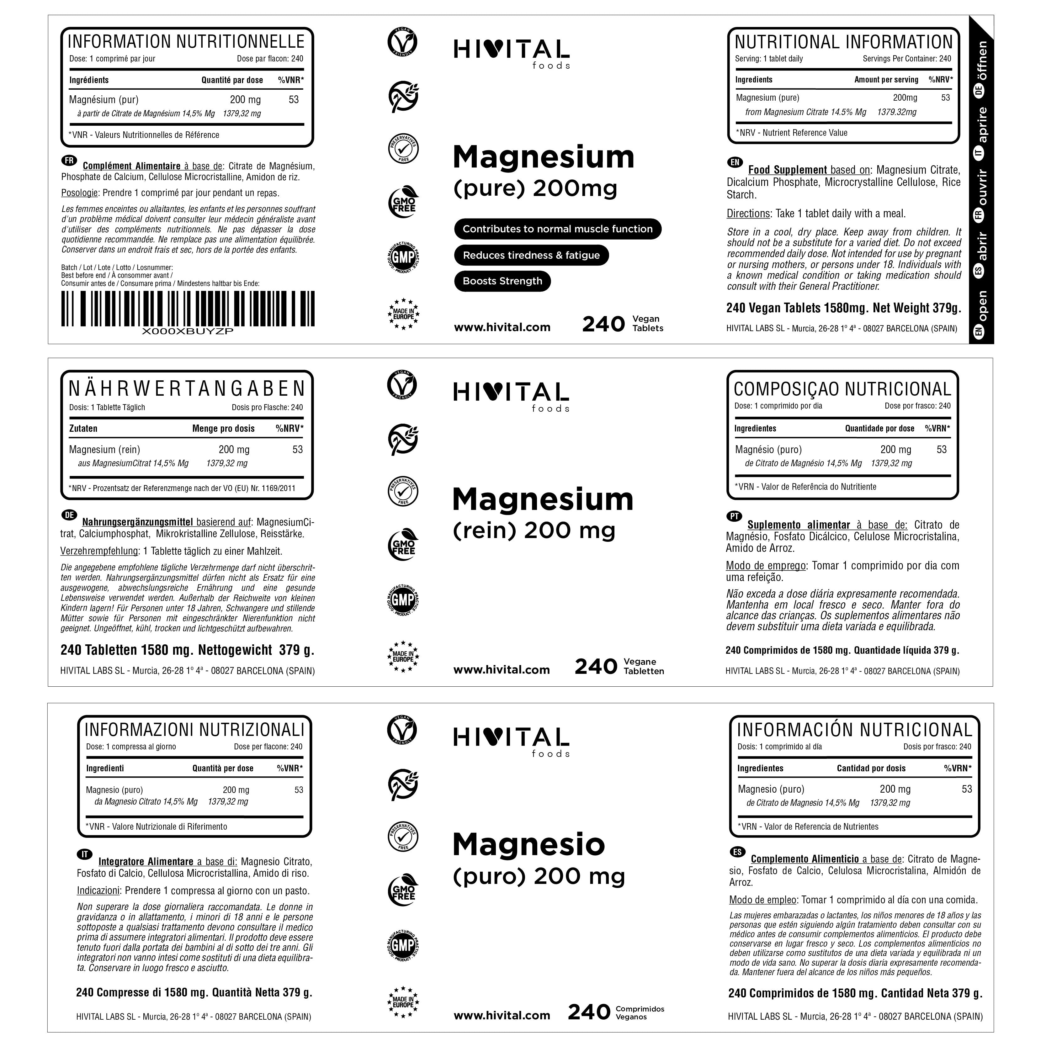 Pure magnesium 200 mg from Magnesium Citrate 240 tablets (Supply for 8 months). Hivital