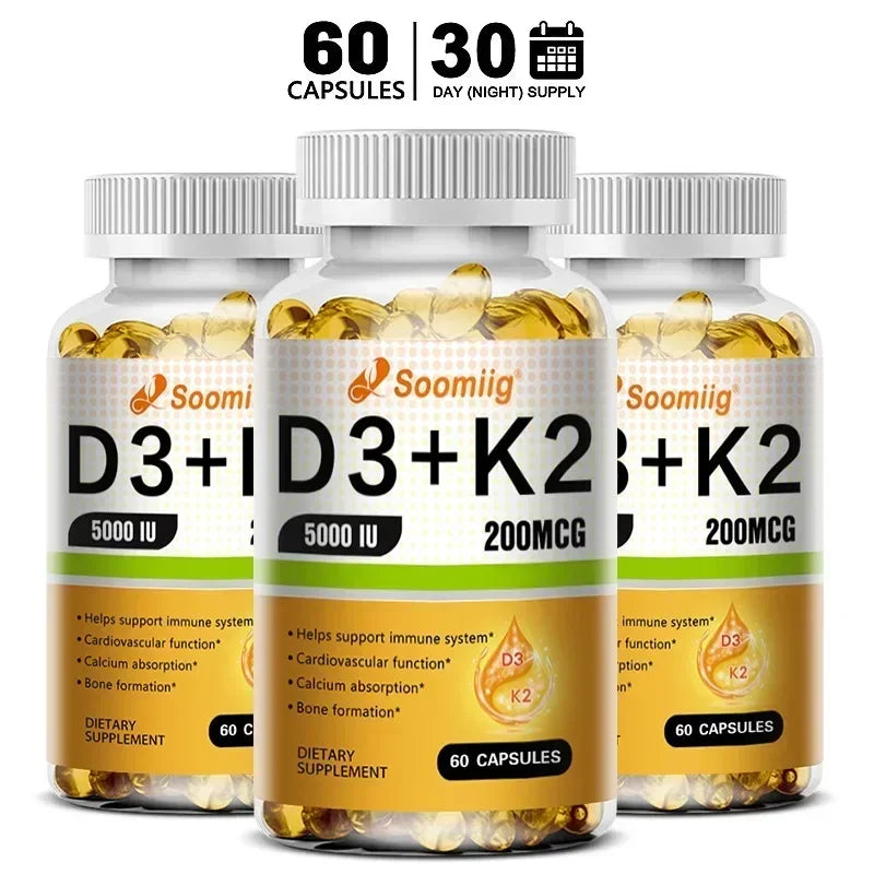 Vitamin D3 5000IU and 200 Mcg Vitamin K2 (MK-7) Capsules for Calcium Absorption, Bone Regeneration, Immune Support, Easy To Melt